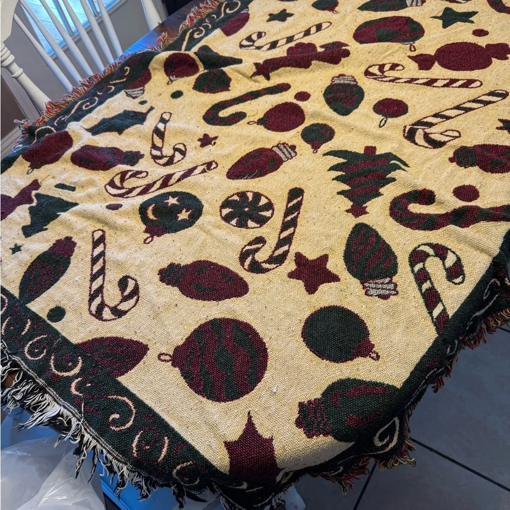 Festive Cream Holiday Throw Blanket with Red & Green Ornaments